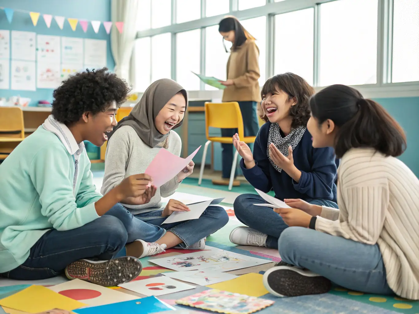 A group of students participating in a Star Magic training session, surrounded by cosmic symbols and sacred geometry. The atmosphere is energetic and supportive, fostering a sense of community and shared learning.