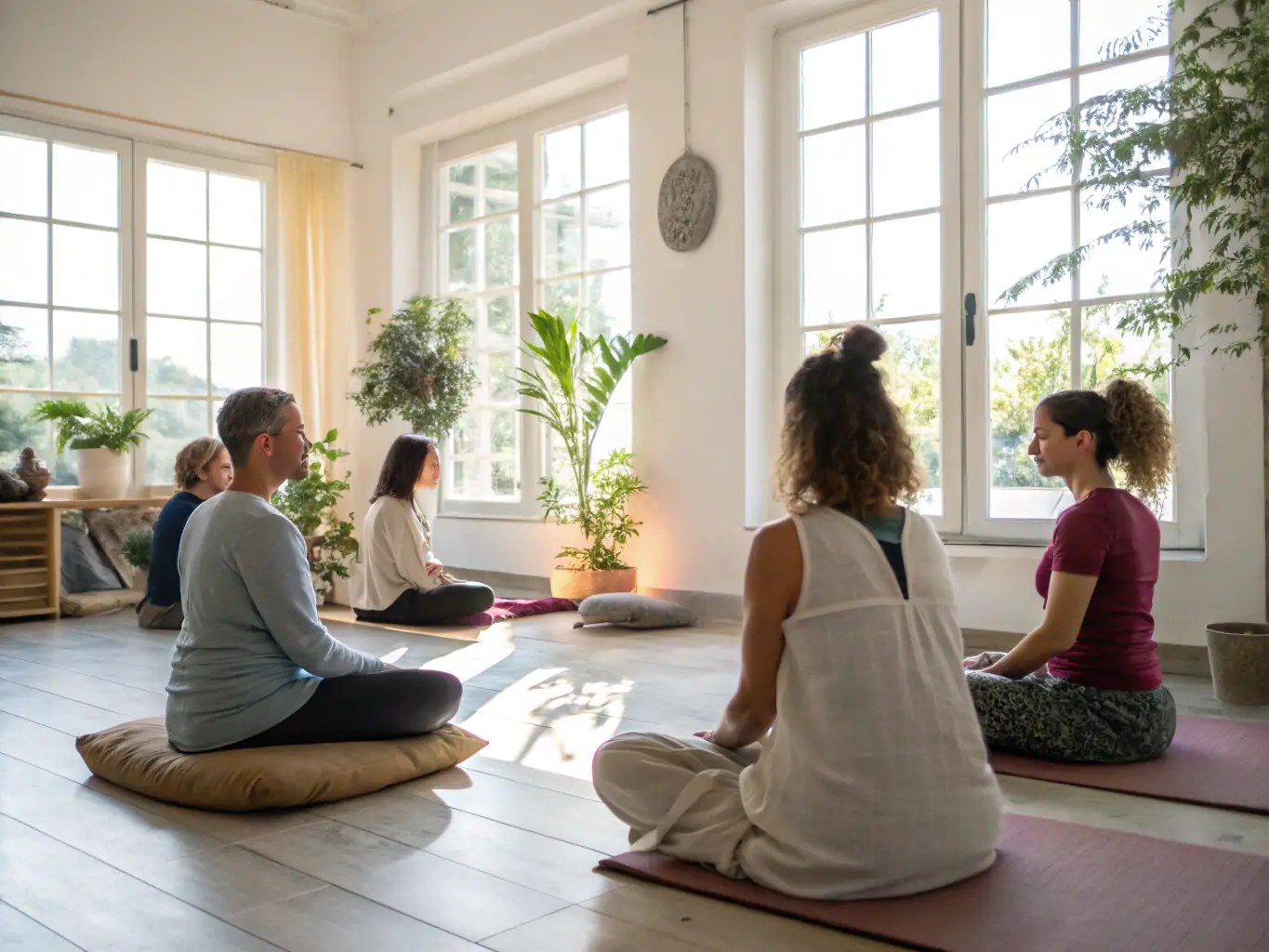 A modern healing center with a spacious interior, featuring a community gathering for a group meditation session. The room is filled with natural light and decorated with cosmic artwork, creating a welcoming and transformative space.