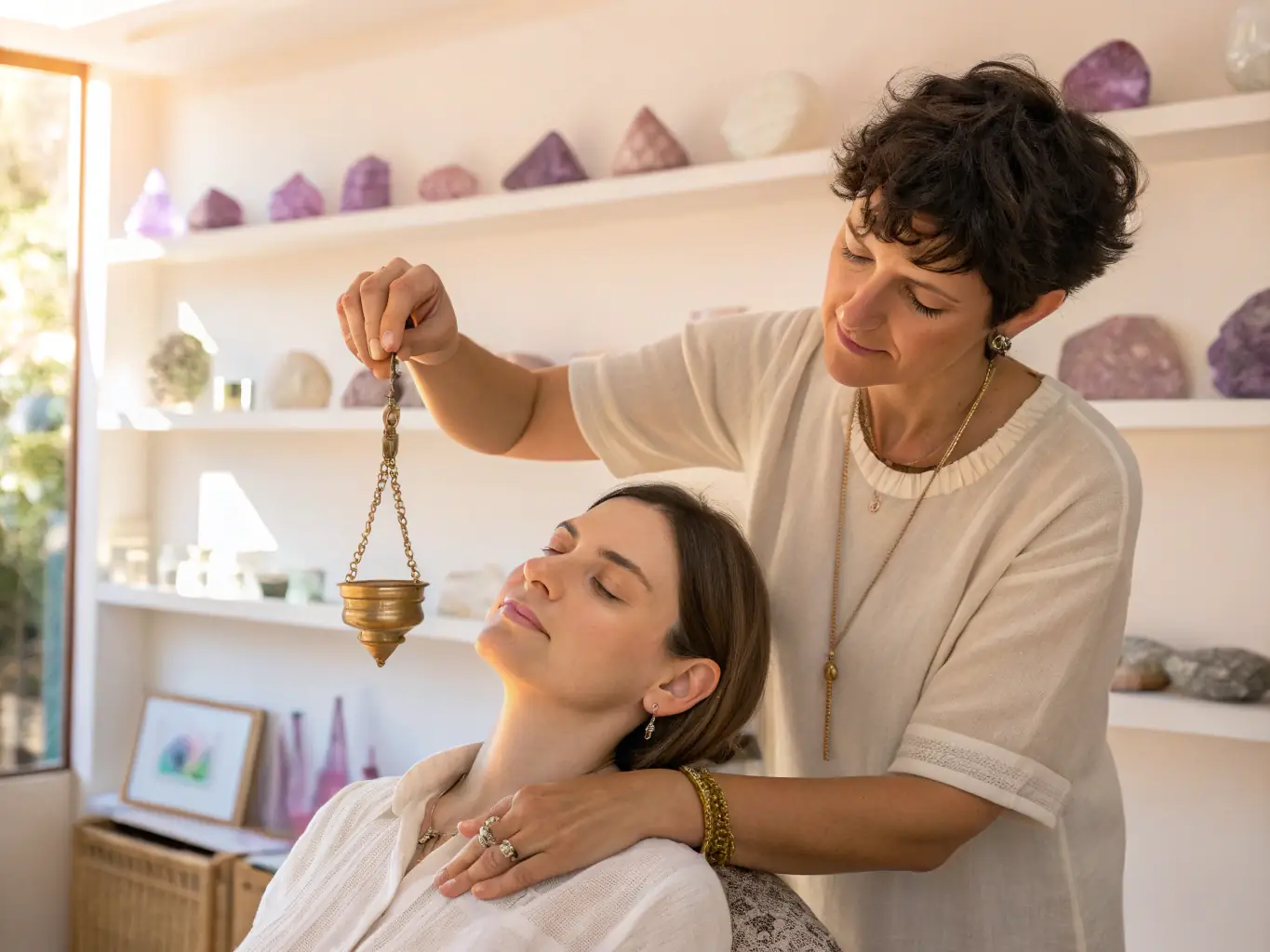A serene healing center interior with soft lighting, featuring a practitioner guiding a client through a quantum energy healing session. The room is decorated with cosmic artwork and crystals, creating a peaceful and transformative atmosphere.