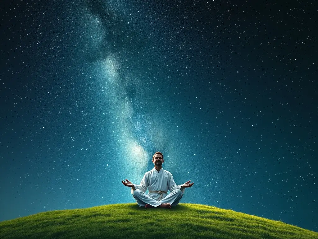 A serene image depicting a person surrounded by swirling, colorful energy, representing the transformative power of Star Magic Healing. The background features a starry night sky, symbolizing cosmic connection and infinite possibilities.
